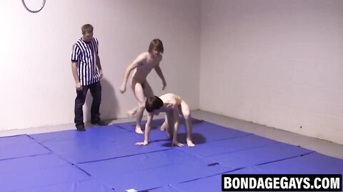 Playful twinks wrestle with exposed erections and wet grips