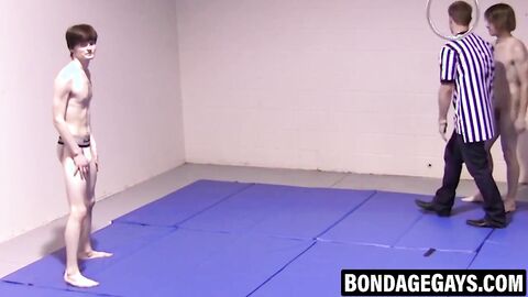 Playful twinks wrestle with exposed erections and wet grips