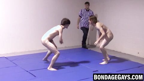 Playful twinks wrestle with exposed erections and wet grips