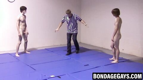 Playful twinks wrestle with exposed erections and wet grips