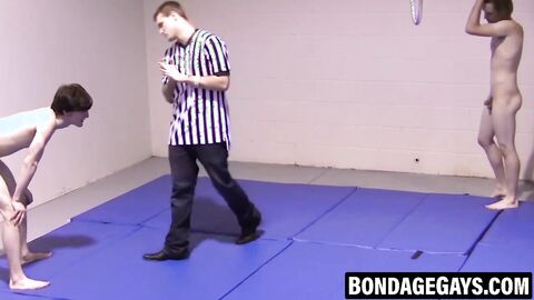 Playful twinks wrestle with exposed erections and wet grips