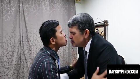 Asian twink Alex and daddy fuck raw in the office after work