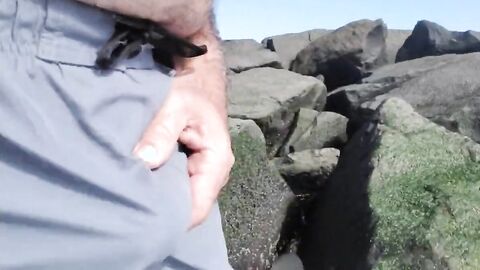 Hairy Bear Jerks Off on a Public Beach - Big Cum Shot