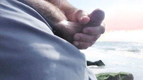 Hairy Bear Jerks Off on a Public Beach - Big Cum Shot