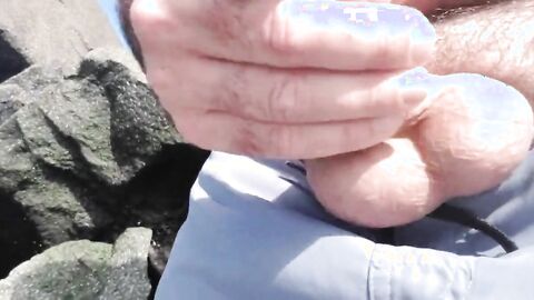 Hairy Bear Jerks Off on a Public Beach - Big Cum Shot