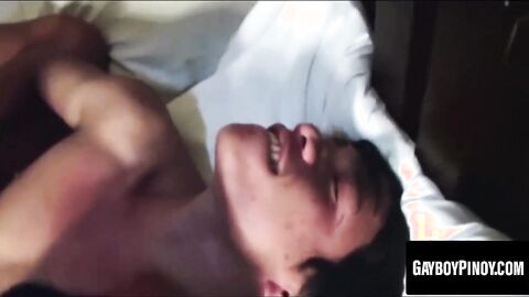 Horny daddy takes turns with two super cute Asian twinks