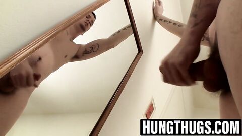 Horny straight thug works out a load in the mirror