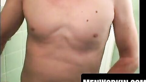 Glasses dude plays with his cock and balls solo