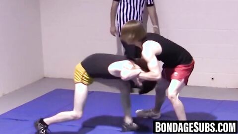 Slim boys wrestle roughly before shedding clothes