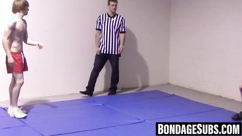 Slim boys wrestle roughly before shedding clothes