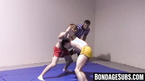 Slim boys wrestle roughly before shedding clothes