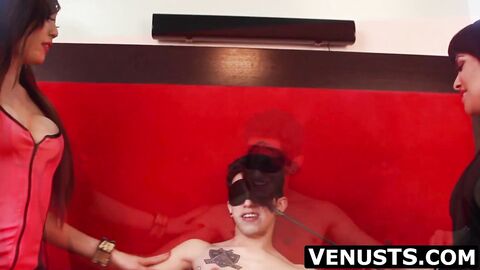 Asian tranny Venus Lux's sticky facial in a hot threeway