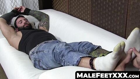 MaleFeetXXX.com - Bound hunk's feet worshiped and foot fucked by dom
