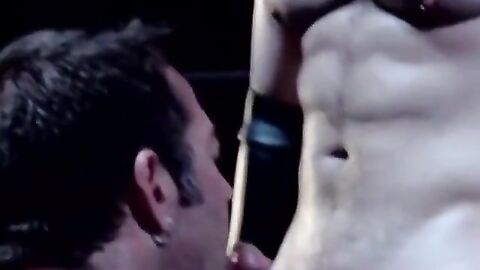 Rojer Beaumont kneels to deepthroat Bryces massive shaft