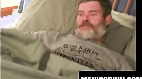 Bearded worker drains hot cum from his big cock