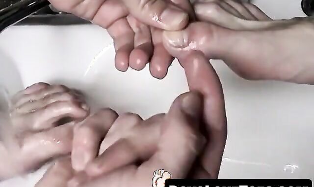 Butt buddies have dirty feet worshiping session in kitchen