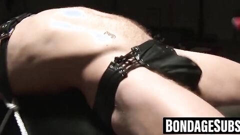 Leather bound hunk gagged and whipped painfully