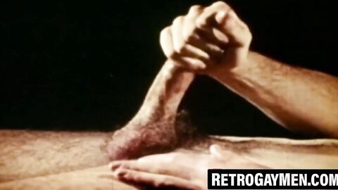 Hairy gay strokes fat cock then cums on hairy chest