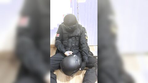 Gay Solo swat soldier jerk off in uniform and hood - Fresh HD Scene