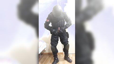 Gay Solo swat soldier jerk off in uniform and hood - Fresh HD Scene