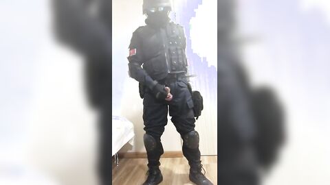 Gay Solo swat soldier jerk off in uniform and hood - Fresh HD Scene
