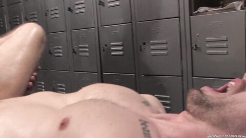 RagingStallion: Muscly and tatted jock nailed in the rump