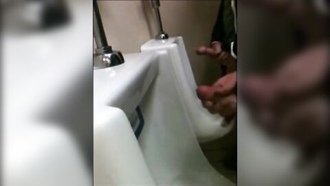 two slim dicks getting wanked at the urinals