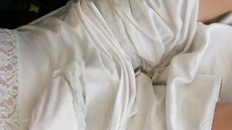 White nylon slip wank & cum