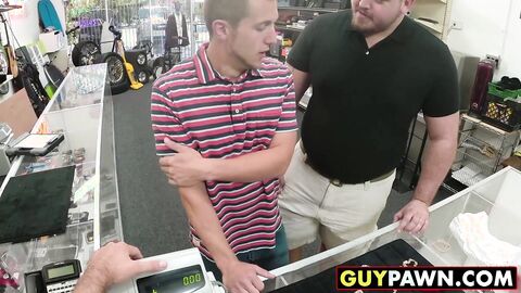 Handsome guy given money to fuck two homo pawn shop workers