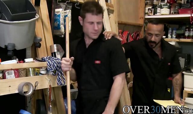 Two sexy hunks Alessio and Luke having sex in a storage room