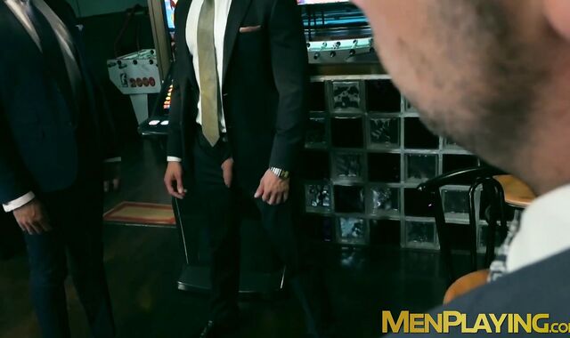 Handsome men in classy suits spitroasting pretty bottom