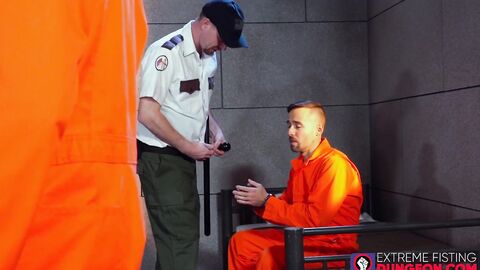 Blond inmate roughly fist fucks two gay prisoners