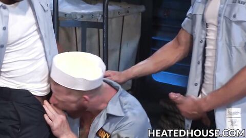 Hunky sailors butt banging in interracial threesome