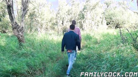 Cute stepson lured by daddy in the forest for bare fucking