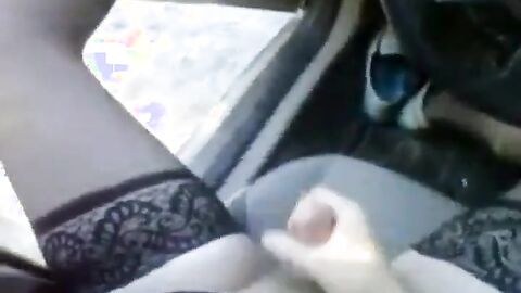 Bear in thigh high nylons jerking off in the car at the park