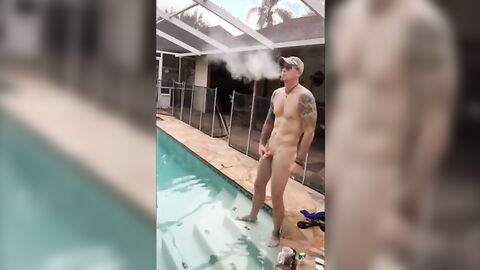 Married hunk jerks off over the pool while smoking