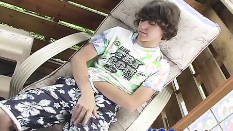 Curly hair twink with big long dick strokes and jerks hard