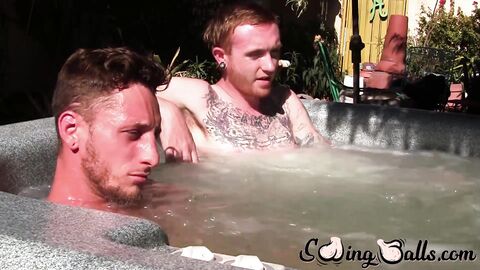 Inked ginger homo leaves jacuzzi to jack off dick with lover