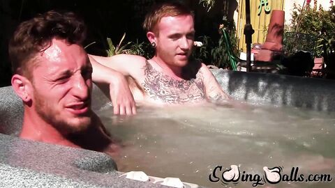 Inked ginger homo leaves jacuzzi to jack off dick with lover