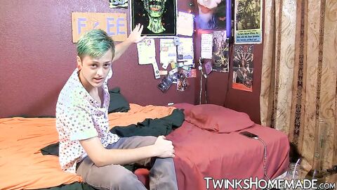 Inked twink strokes his cock and cums in solo homemade video