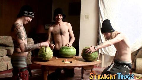 Three straight deviants fuck watermelons and prepare to cum