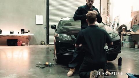 Sexy car mechanic Roman Todd raw bends over twink Brandon Anderson on car