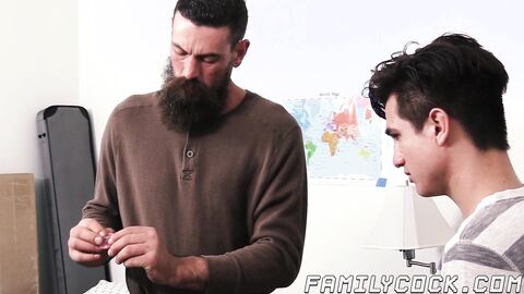 Big beard daddy shoves his dick in stepsons tight ass