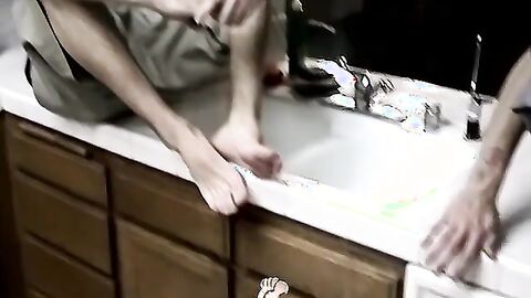 Butt buddies have dirty feet worshiping session in kitchen