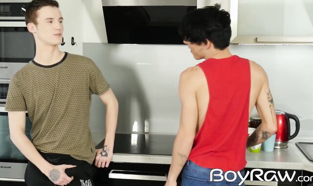Teen ends up riding dick bare in kitchen after giving head