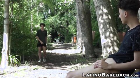 Young latinos Wilson and Alan barebacking in the woods