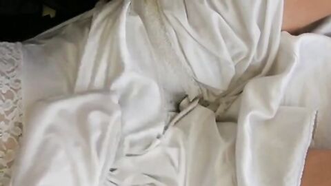 White nylon slip wank & cum