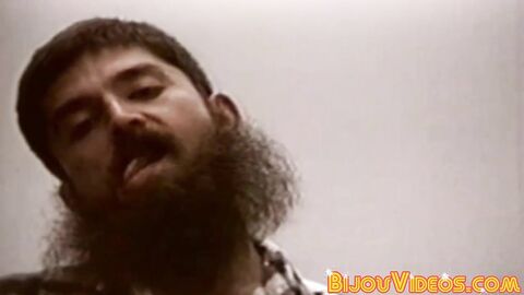 Retro hairy stud jerks off passionately before cumming solo