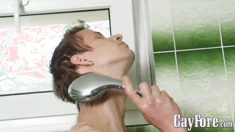 Hot twink loves masturbating in the shower with his foreskin
