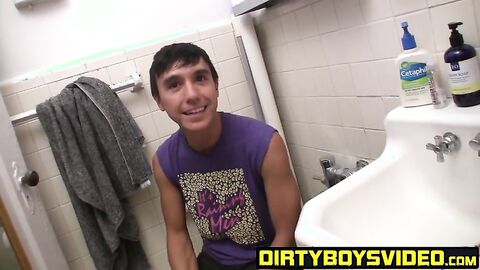 Hunky latino twink Nick strokes it in the bathroom solo